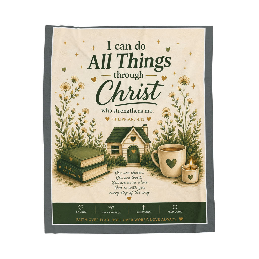 Manta de felpa Christian Velveteen — Manta inspiradora "Todo lo puedo en Cristo que me fortalece"