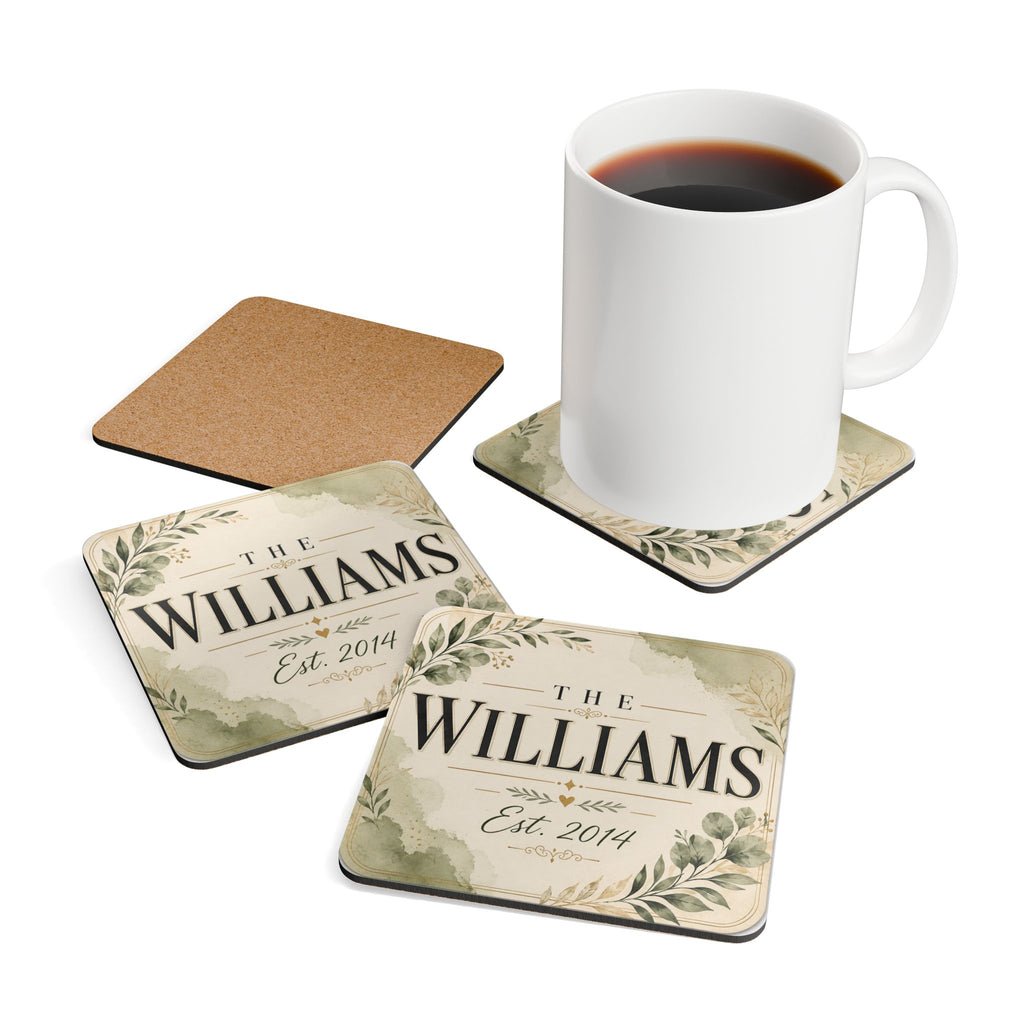 Personalized Cork Coaster Set — Rustic Floral ‘The [Name]’ Est. 2014