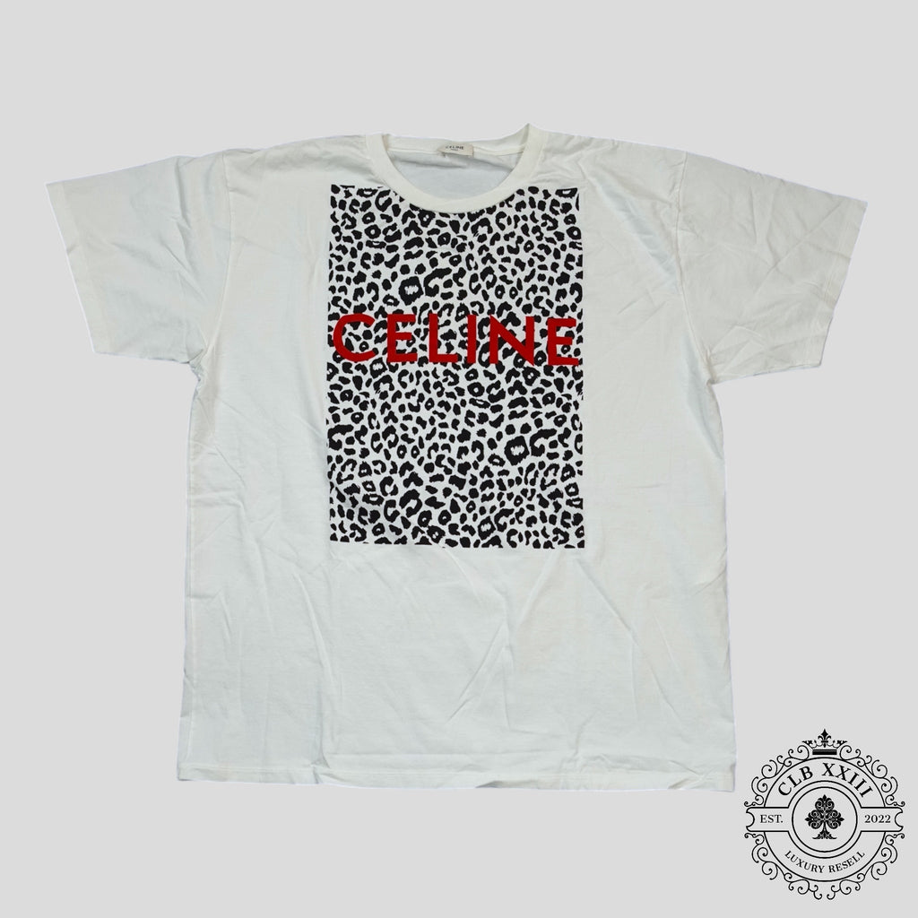 Celine Homme Logo Leopard Print Tee in White
