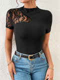 Slim Fit Lace Patchwork Short Sleeve Top – Black & White | S–XL