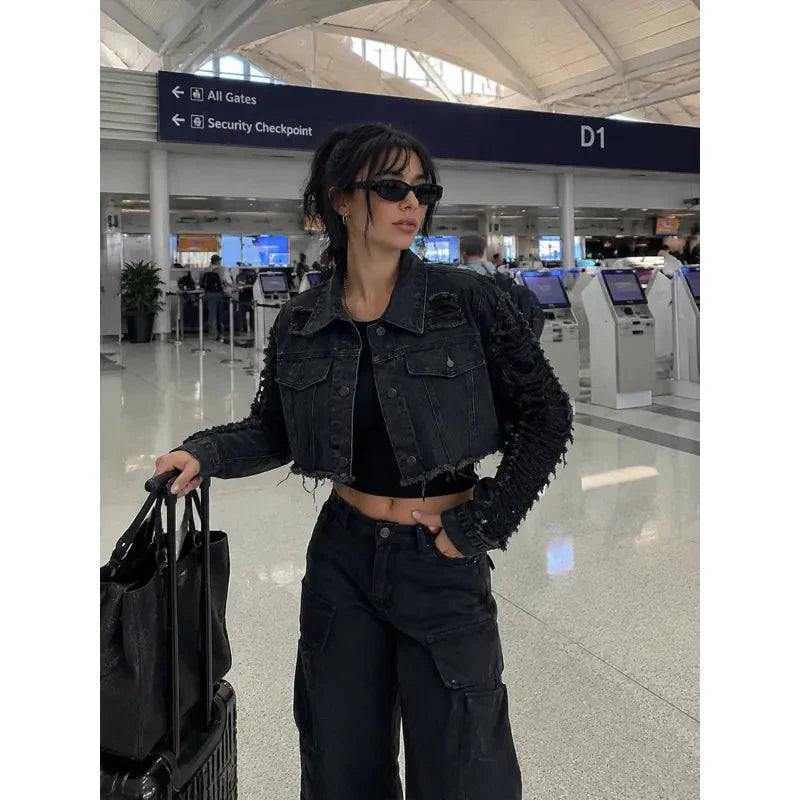 Women's Vintage Distressed Denim Set | Washed Jacket & Slim-Fit Shorts in Black & Blue | S–XXL