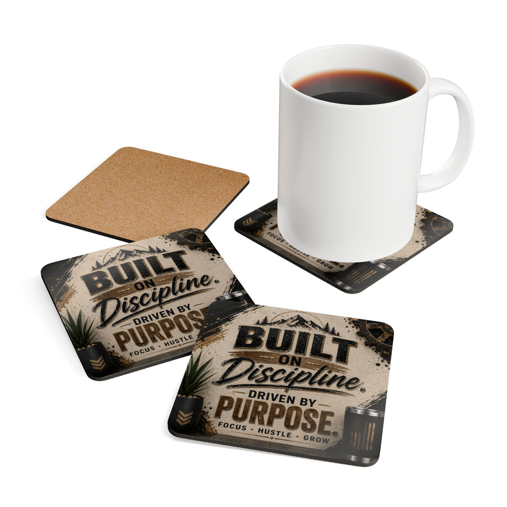 Motivational Cork Coaster Set — "Built on Discipline, Driven by Purpose"