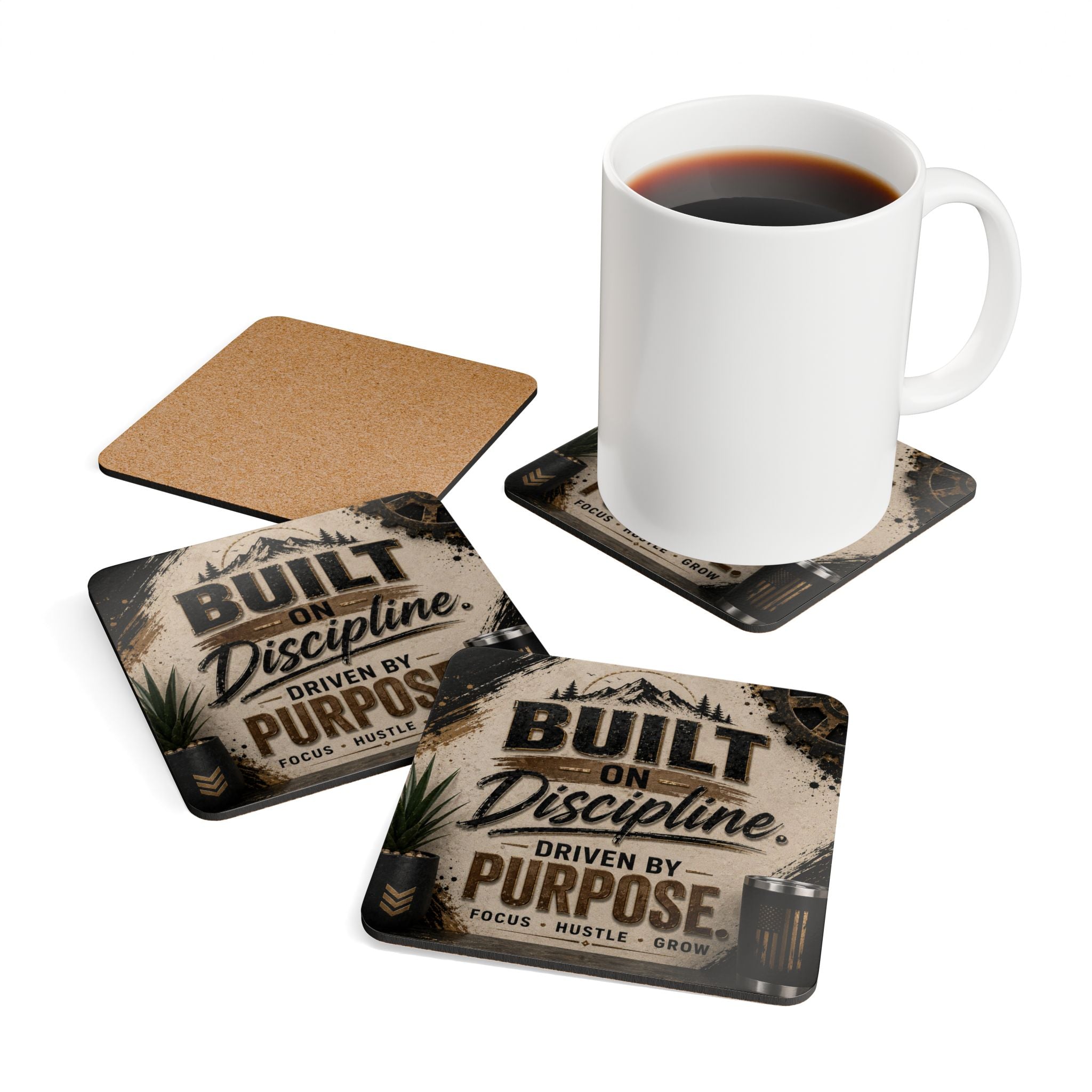 Motivational Cork Coaster Set — "Built on Discipline, Driven by Purpose"