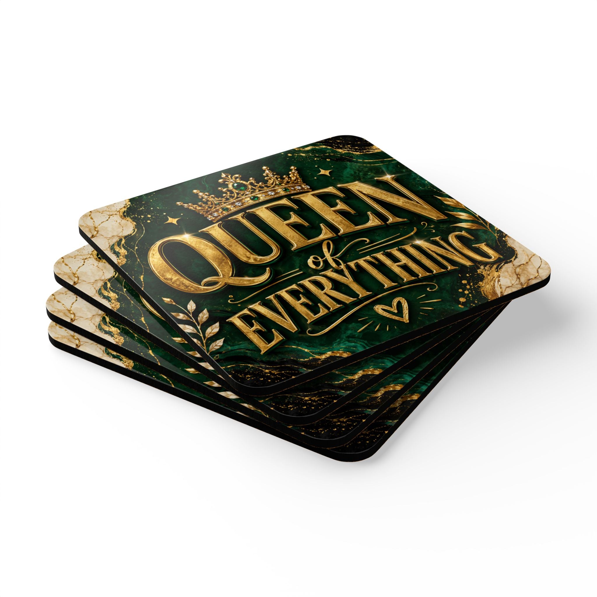 Queen of Everything Cork Coaster Set – Regal Green & Gold Drink Coasters (4-Pack)