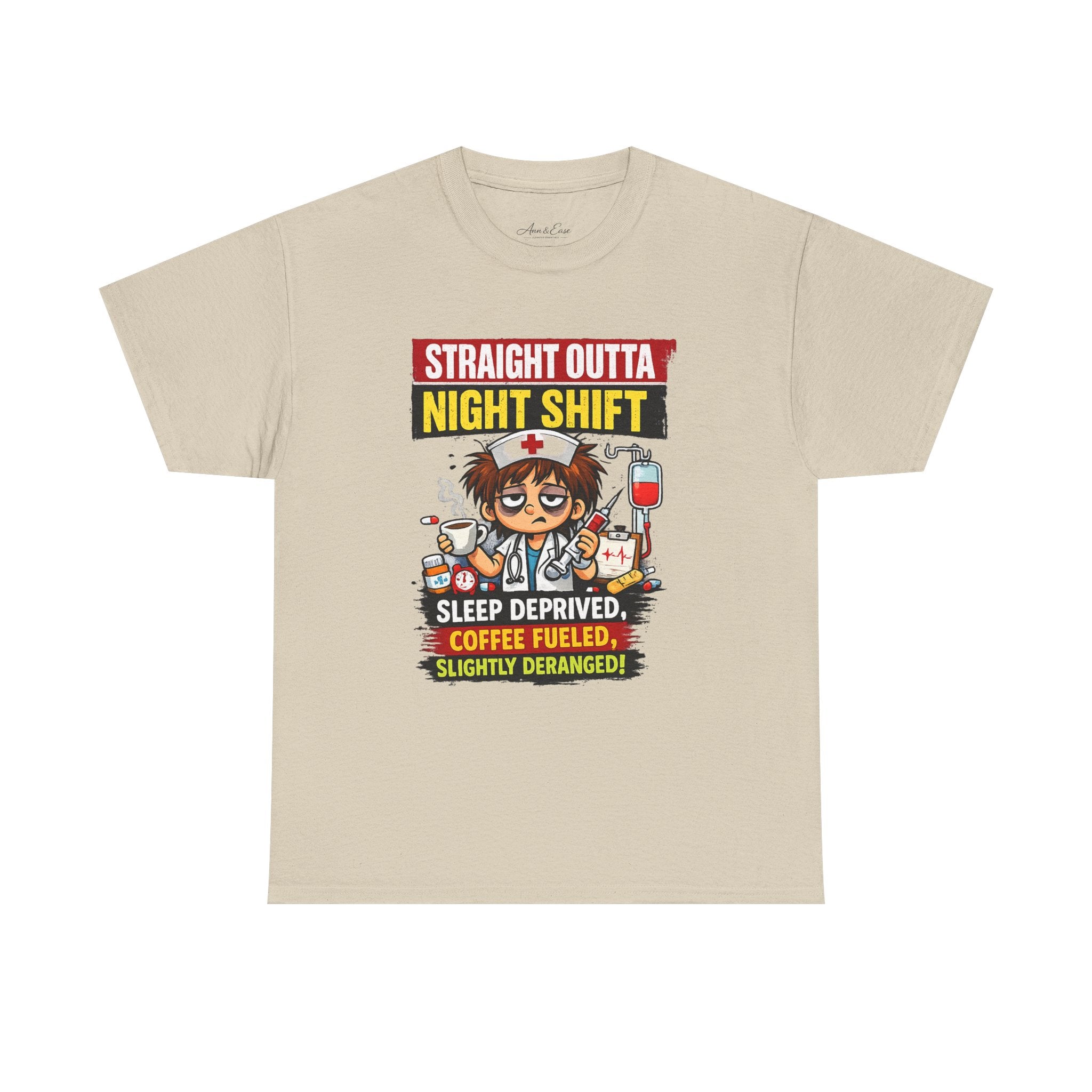 Straight Outta Night Shift Nurse T-Shirt — Sleep Deprived, Coffee Fueled Healthcare Tee