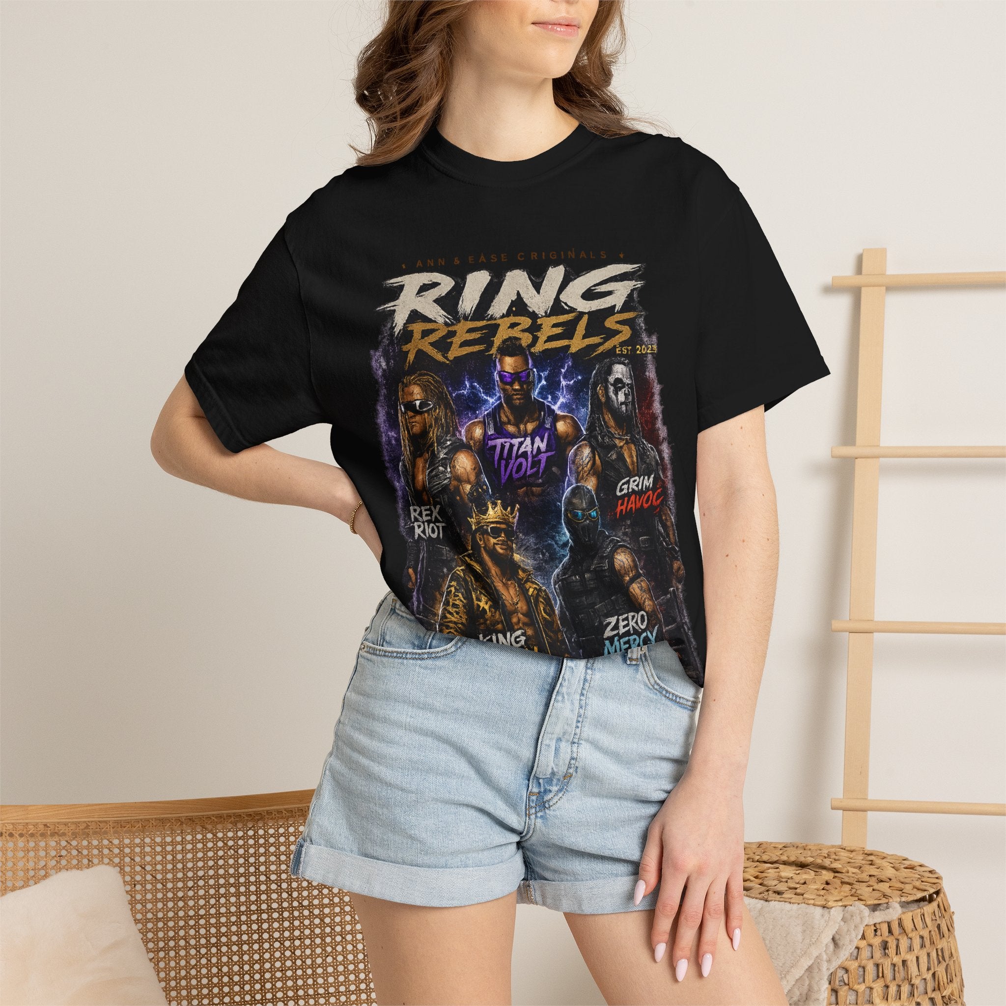 Playera — Camiseta gráfica Ring Rebels (Rex Riot, Titan Bolt, Grim Havoc, King Vandal, Zero Mercy)