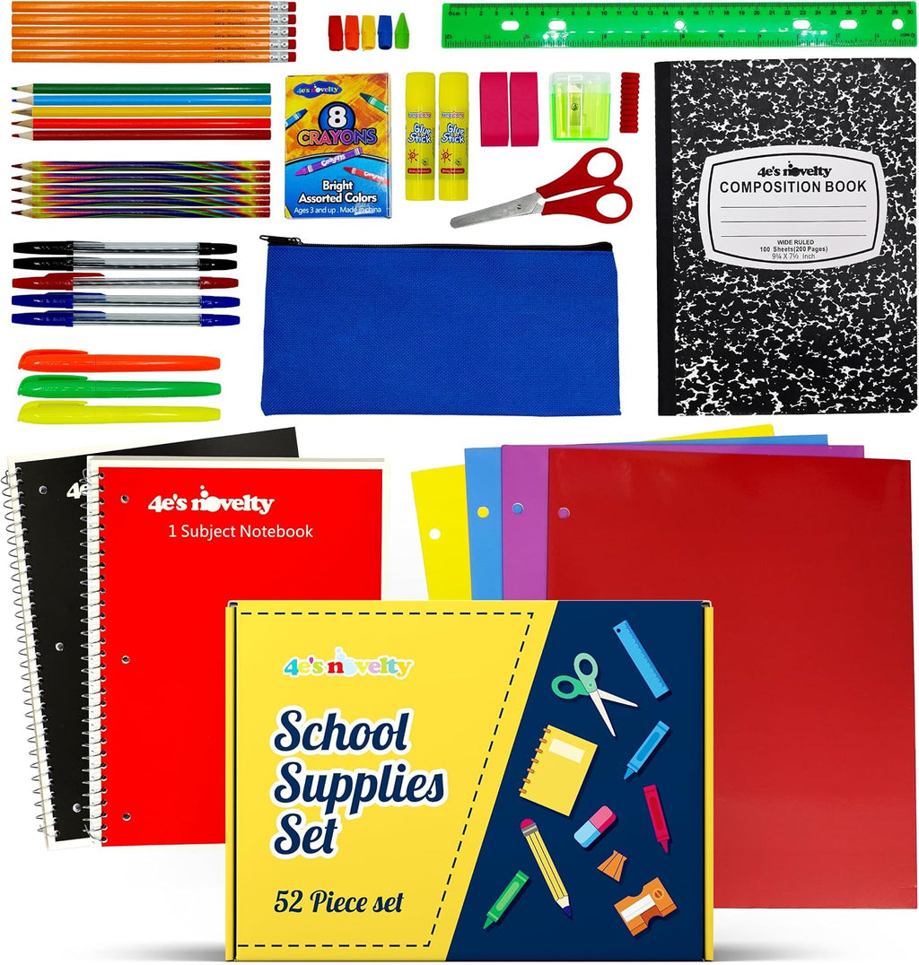 4E's Novelty 52 Pieces Schools Supplies Kit for K1-8 Back to School Supply Box with Essential Student Kits, School Supply Bundle Middle Elementary Schools Supplies Kit Grades 1 2 3 4 5 6 7 8