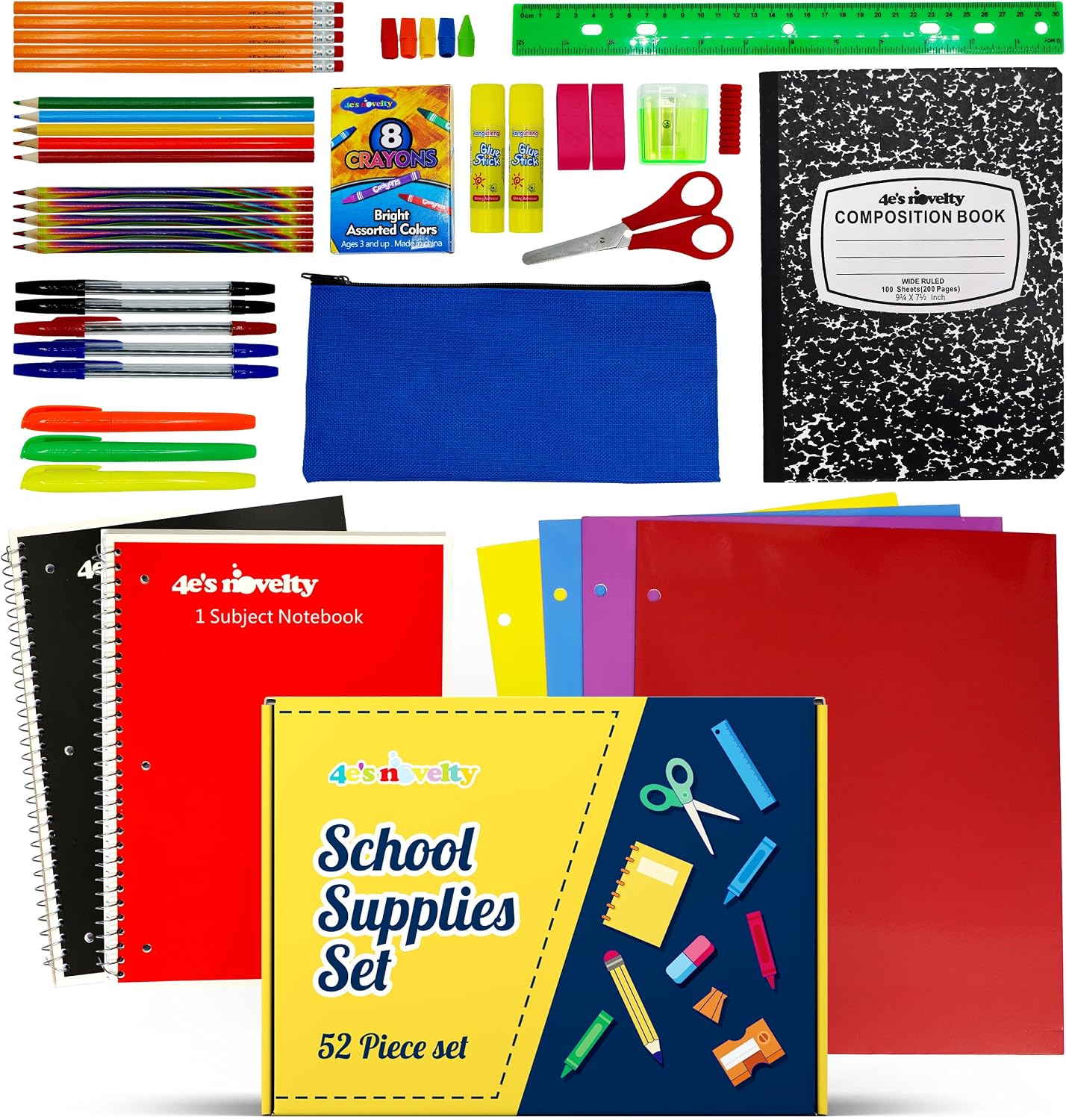 4E's Novelty 52 Pieces Schools Supplies Kit for K1-8 Back to School Supply Box with Essential Student Kits, School Supply Bundle Middle Elementary Schools Supplies Kit Grades 1 2 3 4 5 6 7 8