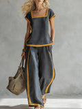 Square-Neck Three-Quarter Sleeve Loose Top & Pants Two-Piece Set