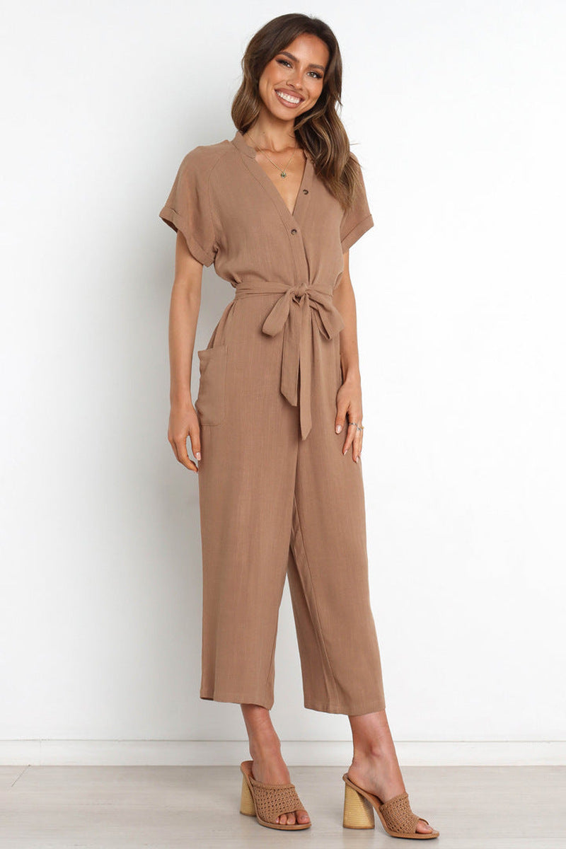 Women's V-Neck Cropped Wide-Leg Knit Jumpsuit
