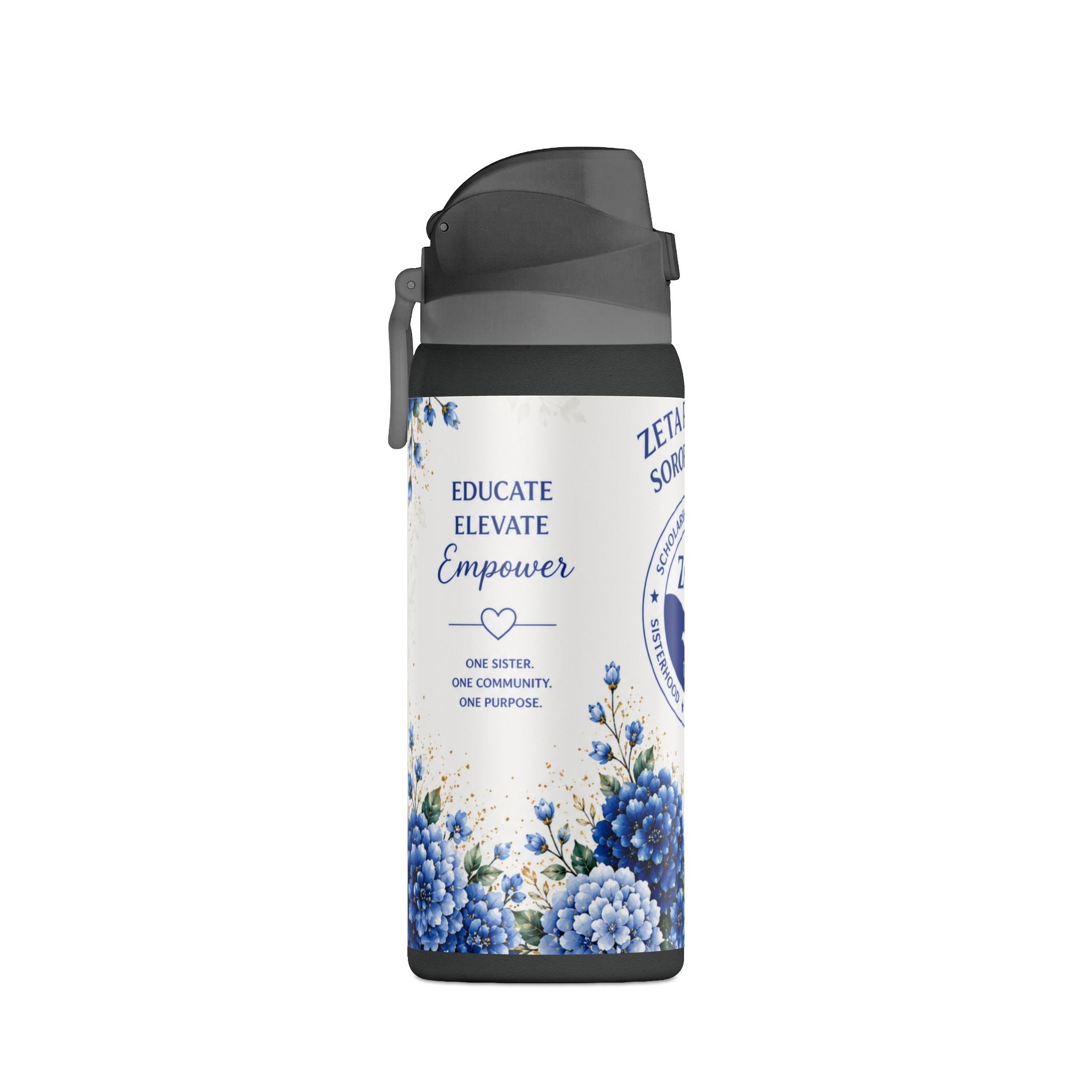 Zeta Phi Beta 32oz Insulated Water Bottle — "Educate Elevate Empower" Floral Design