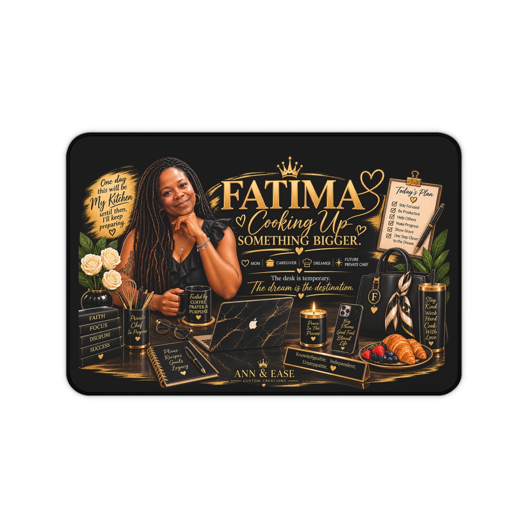 Personalized 'Fatima Cooking Up Something Bigger' Desk Mat — Custom Chef Inspired Mousepad for Home Cooks & Small Business Owners