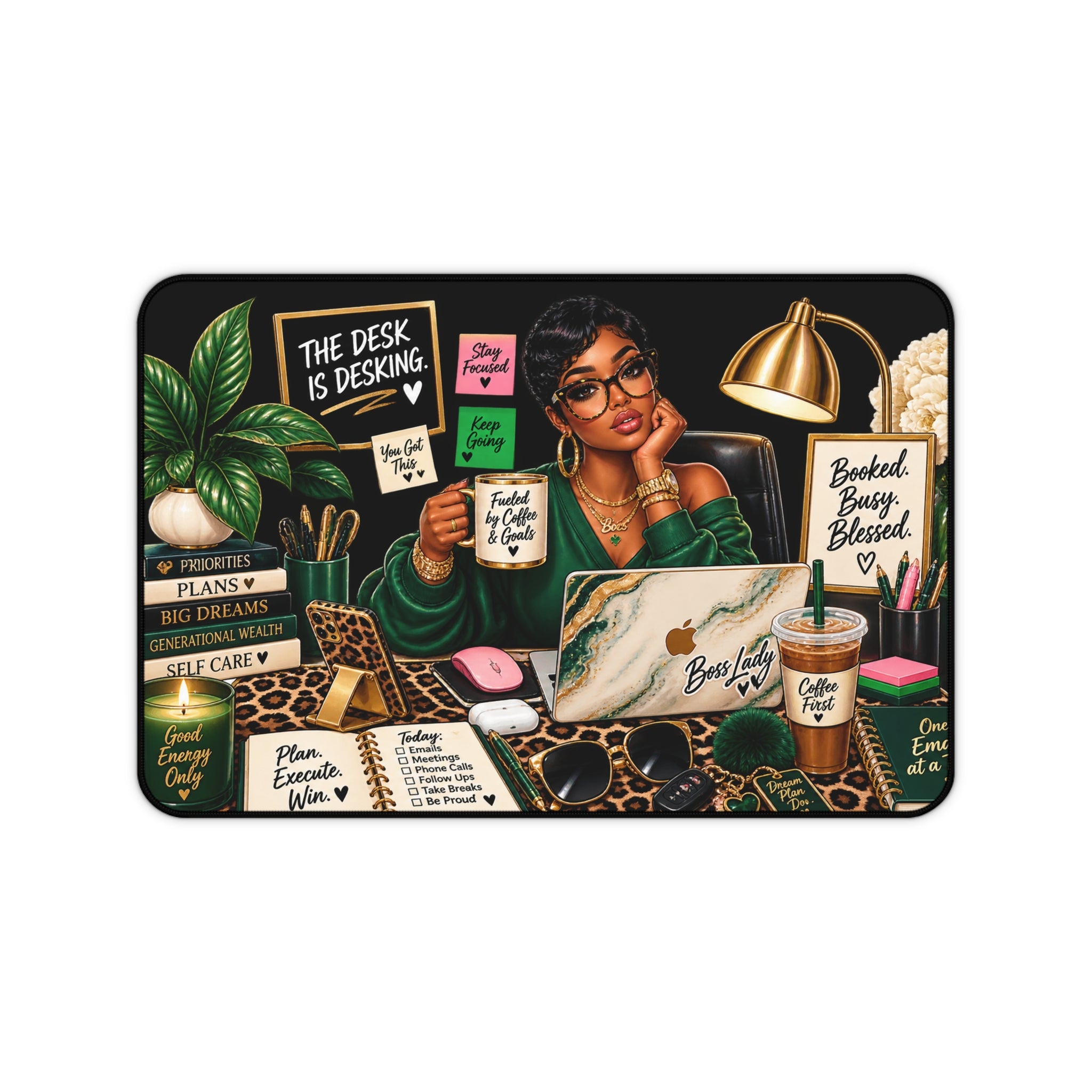 Boss Lady Desk Mat — Motivational Office Mousepad with 'Booked, Busy, Blessed' Design