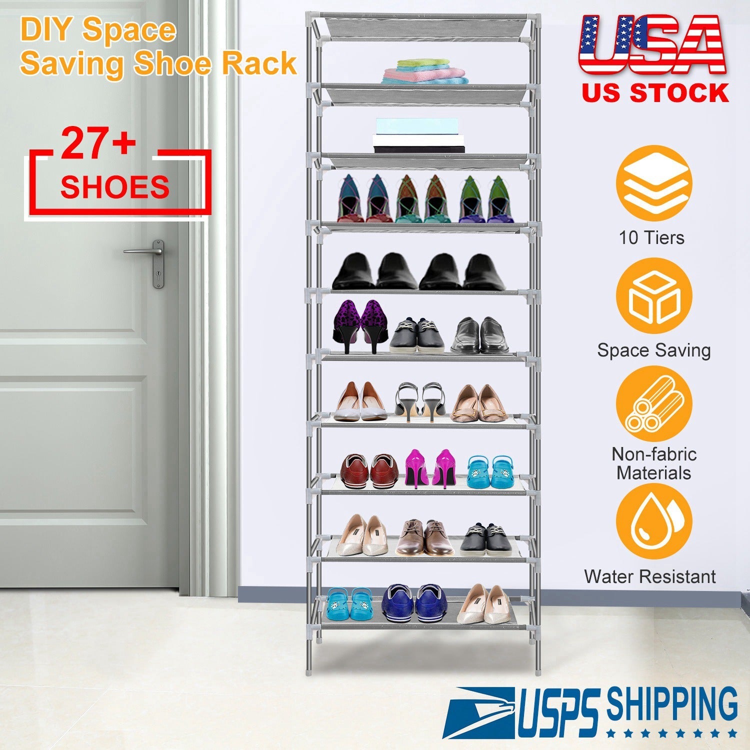Estante de 10 Niveles para Zapatos, Capacidad para 27 Pares, Organizador de Almacenamiento de Zapatos, Soporte de Tela no Tejida, Torre de Zapatos Desmontable, Estante Apilable para Zapatos para Entrada