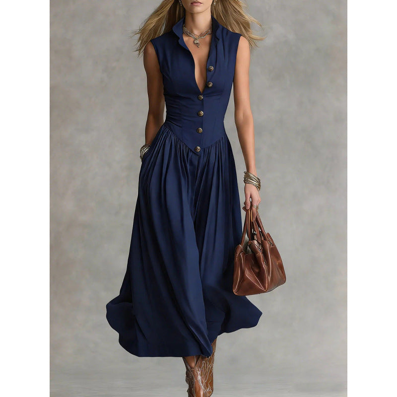 Women's Sleeveless Lapel Collar Maxi Dress – Slim Fit Patchwork