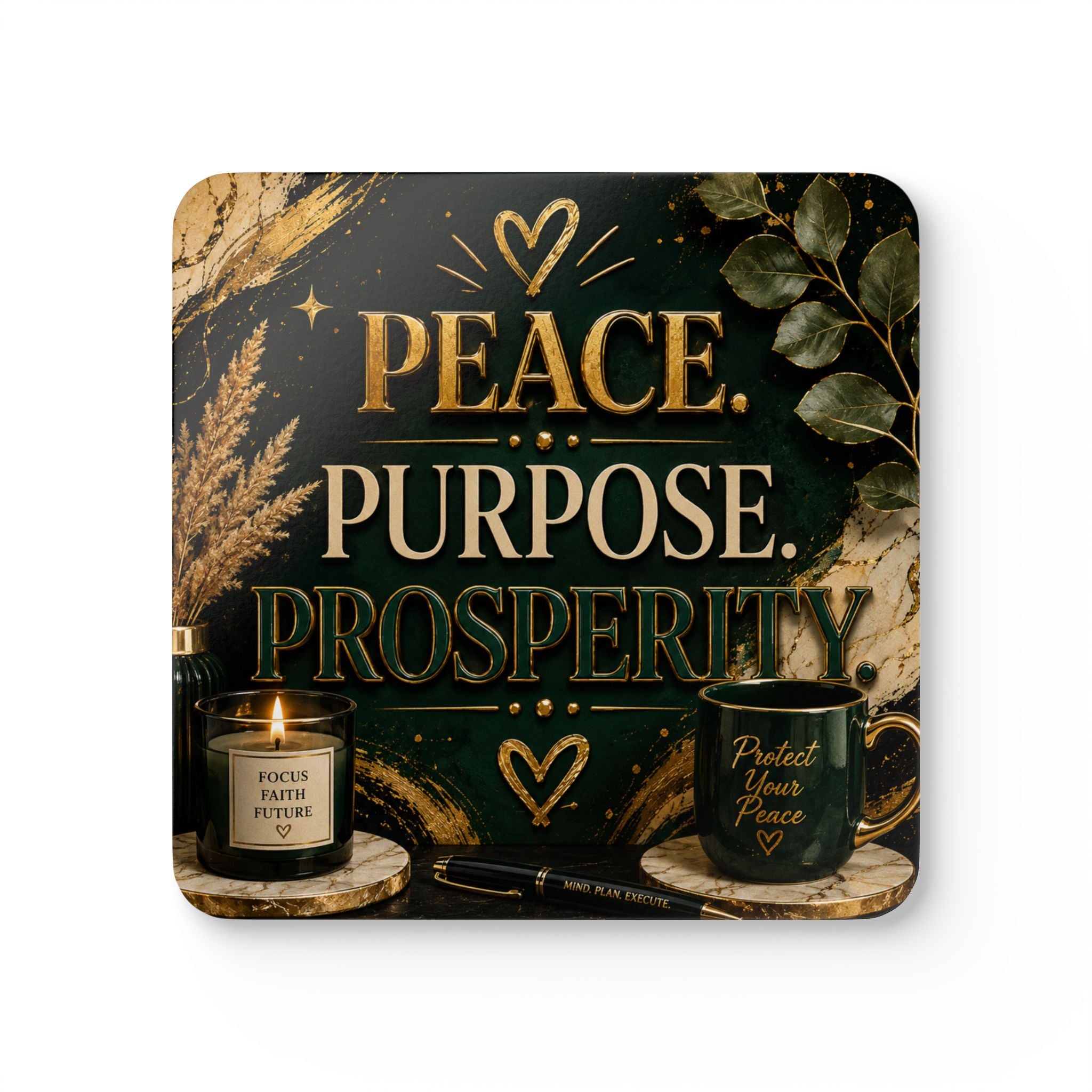 Peace Purpose Prosperity Cork Coaster Set — Inspirational Drink Coasters (4-Pack)