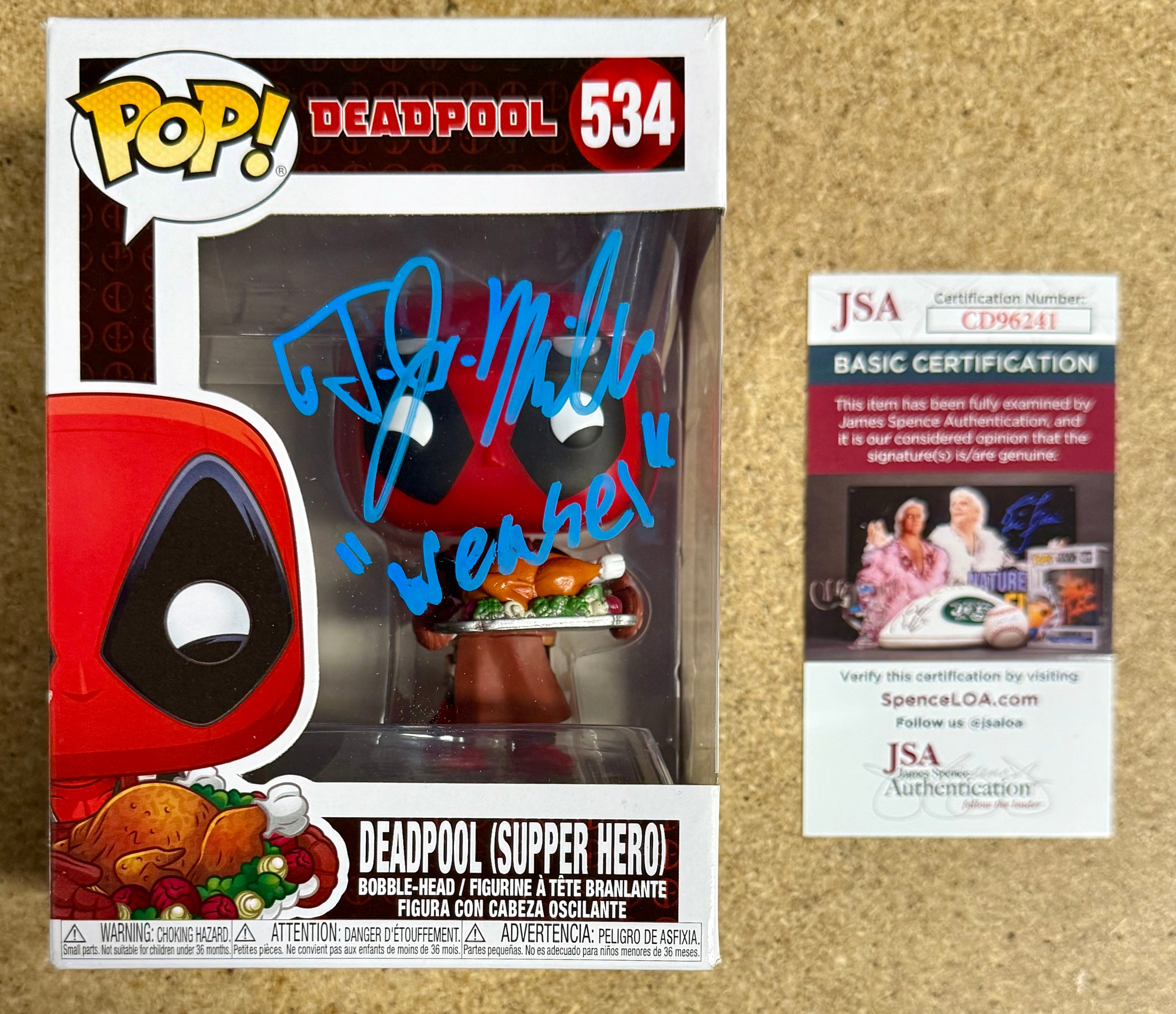 Funko Pop! #534 de "Weasel" de Deadpool firmado por TJ Miller para el Día de Acción de Gracias, con certificado de autenticidad de JSA