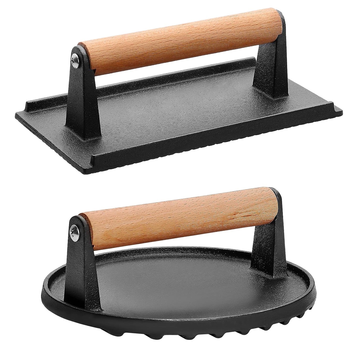 Prensa de hierro fundido para parrilla, 2 piezas, sazonada, pesas para bistec, prensa para hamburguesas, para tocino, con mango de madera, redonda de 7 pulgadas y rectangular de 8.2x4.25 pulgadas