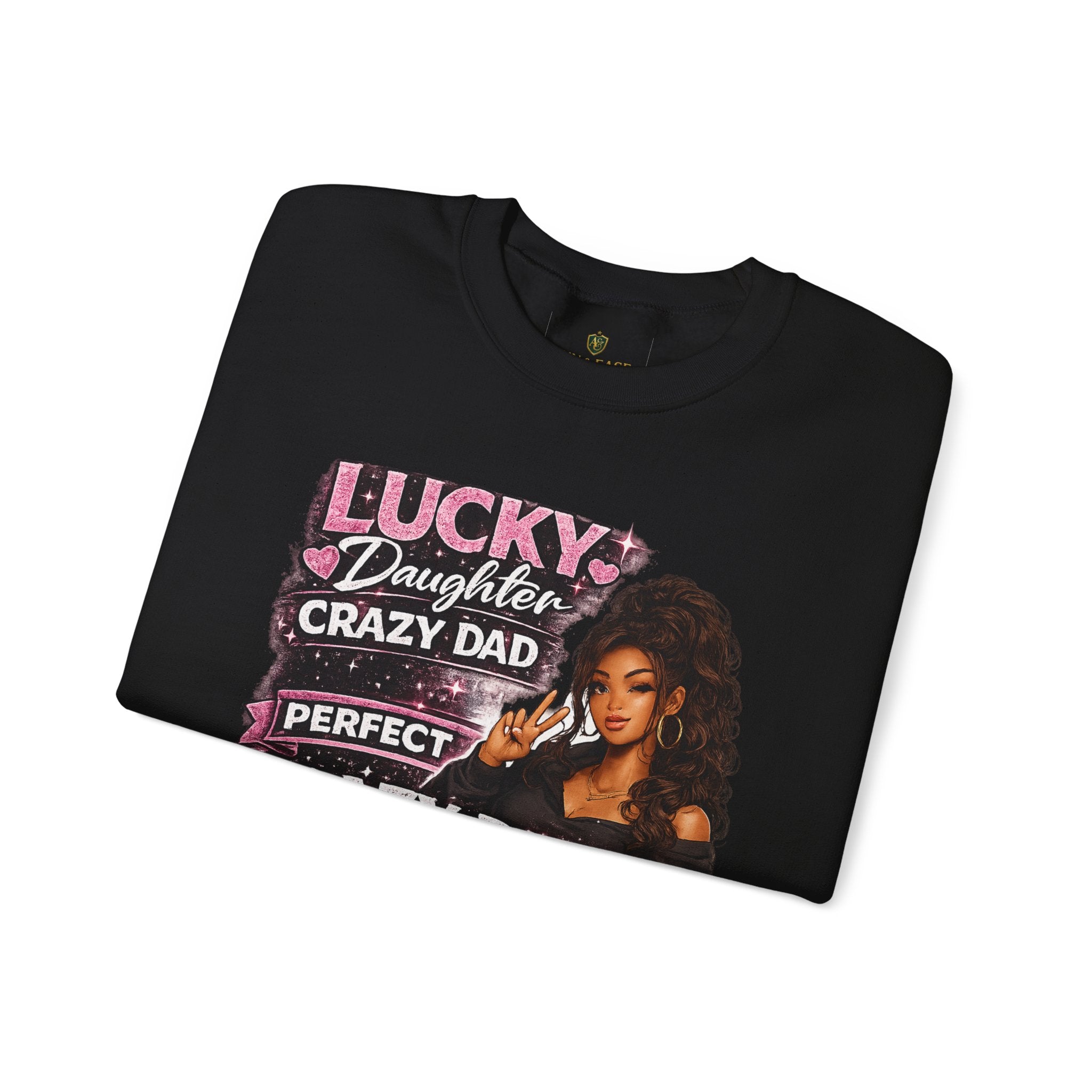 Crewneck Sweatshirt — "Lucky Daughter, Crazy Dad" Pink Graphic Father-Daughter Pullover