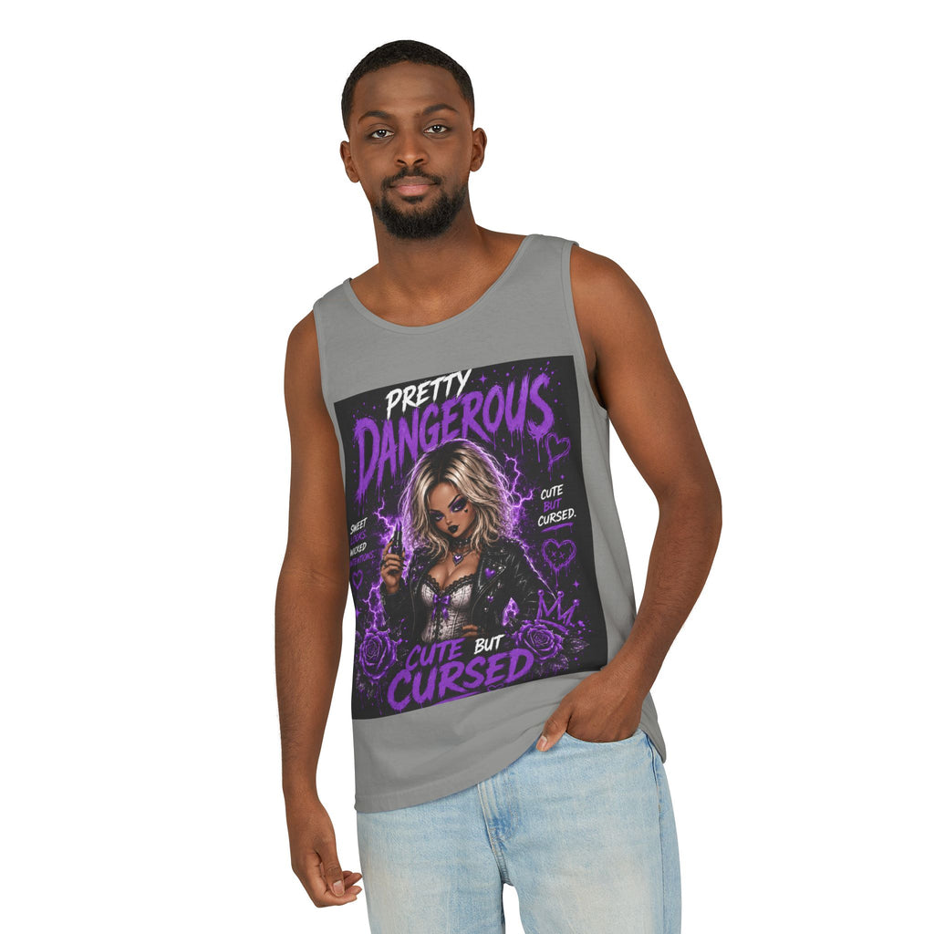Camiseta sin mangas estampada — Ilustración gótica "Bastante peligrosa / Linda pero maldita"