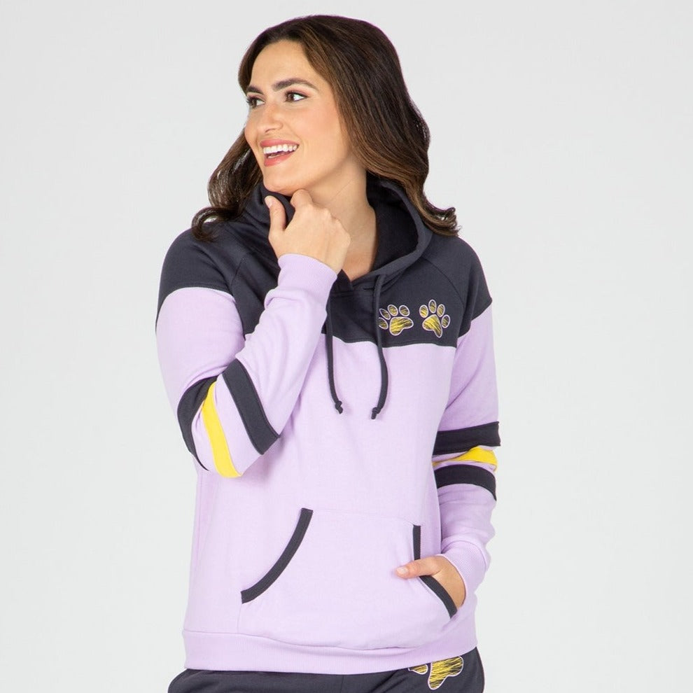 Sudadera con capucha y aplique cruzado de pata a rayas