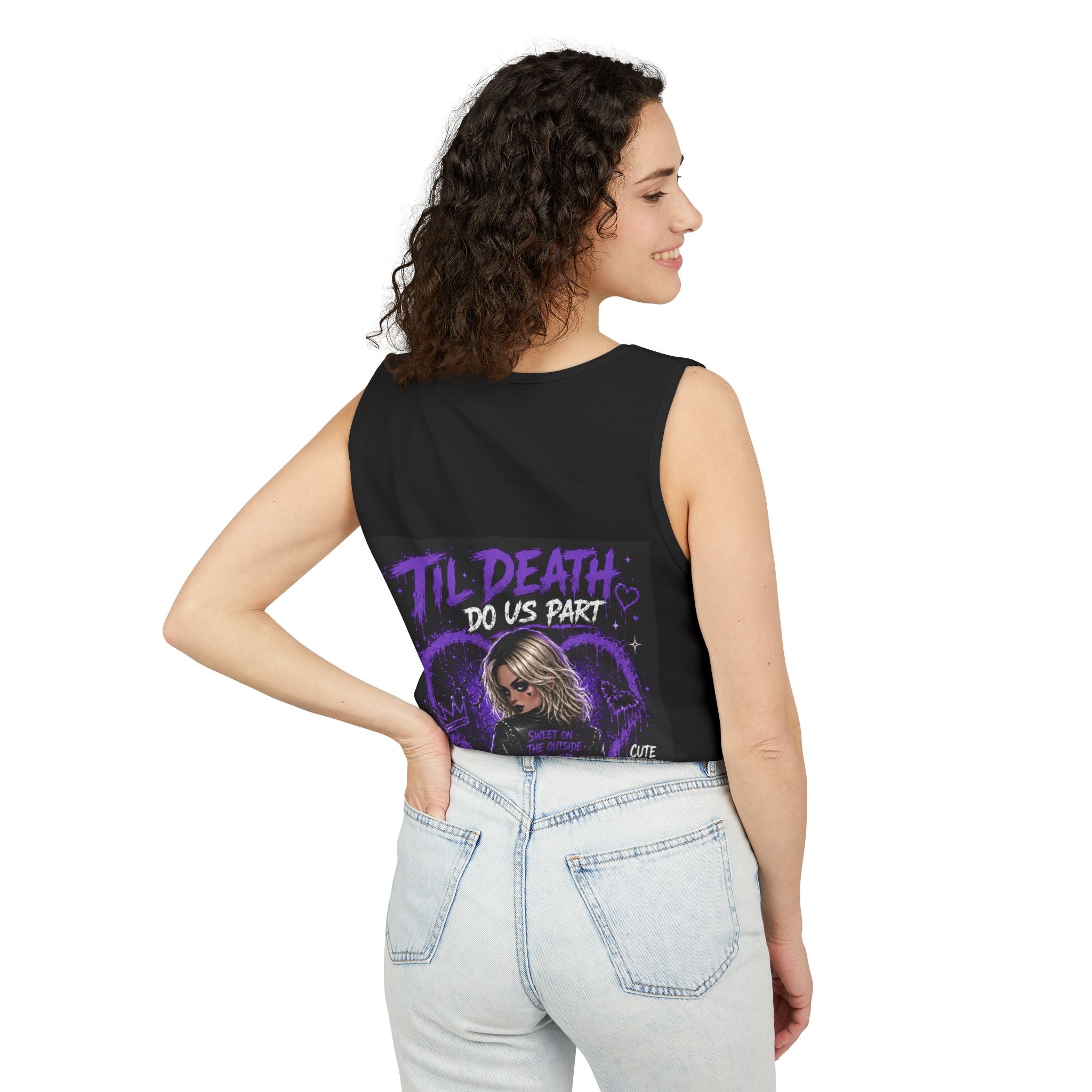 Camiseta sin mangas estampada — Ilustración gótica "Bastante peligrosa / Linda pero maldita"