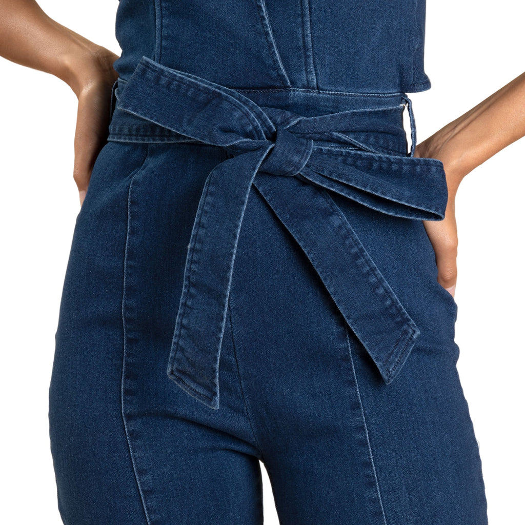 V-Neck Halter Dark Denim Jumpsuit