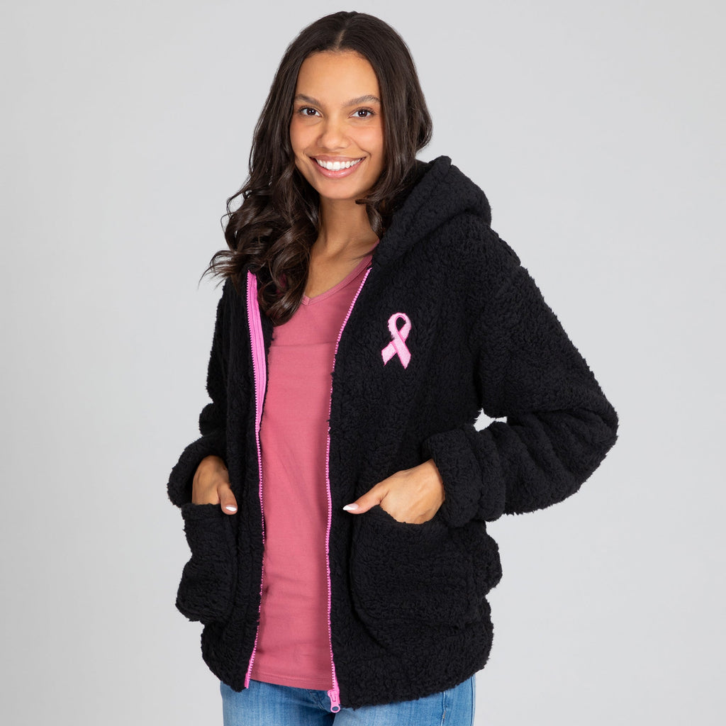 Chaqueta con capucha y cremallera de forro polar Sherpa rosa con lazo