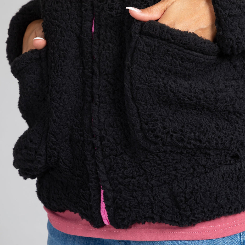 Chaqueta con capucha y cremallera de forro polar Sherpa rosa con lazo