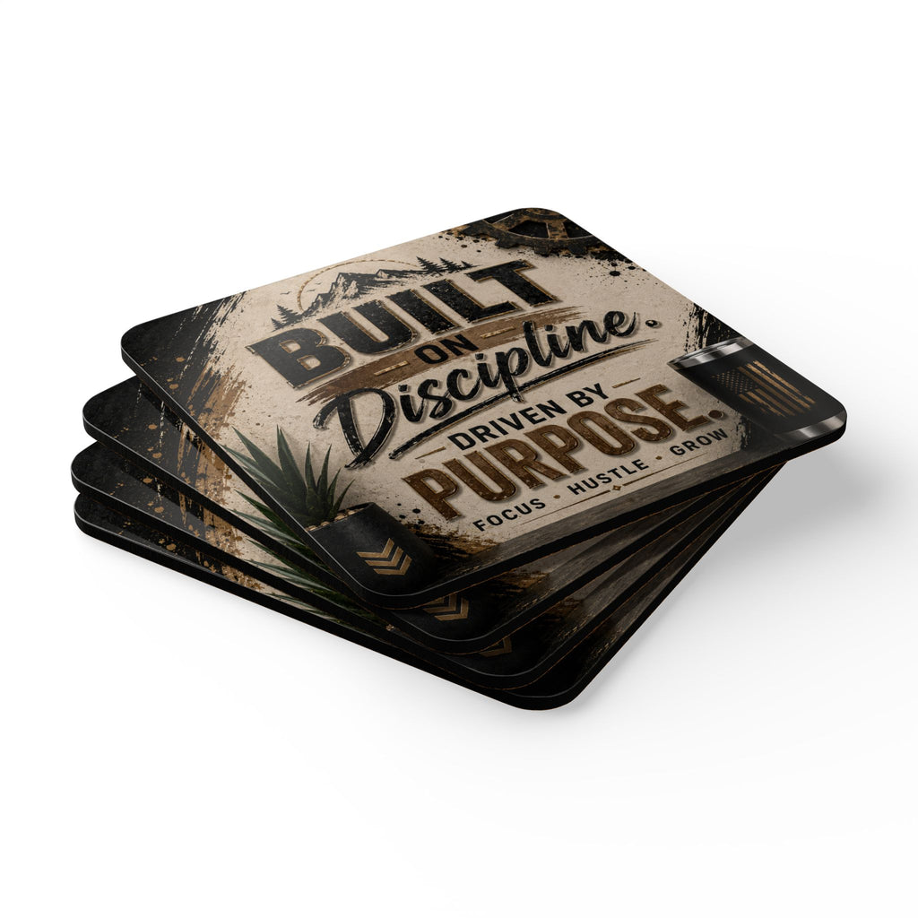 Motivational Cork Coaster Set — "Built on Discipline, Driven by Purpose"