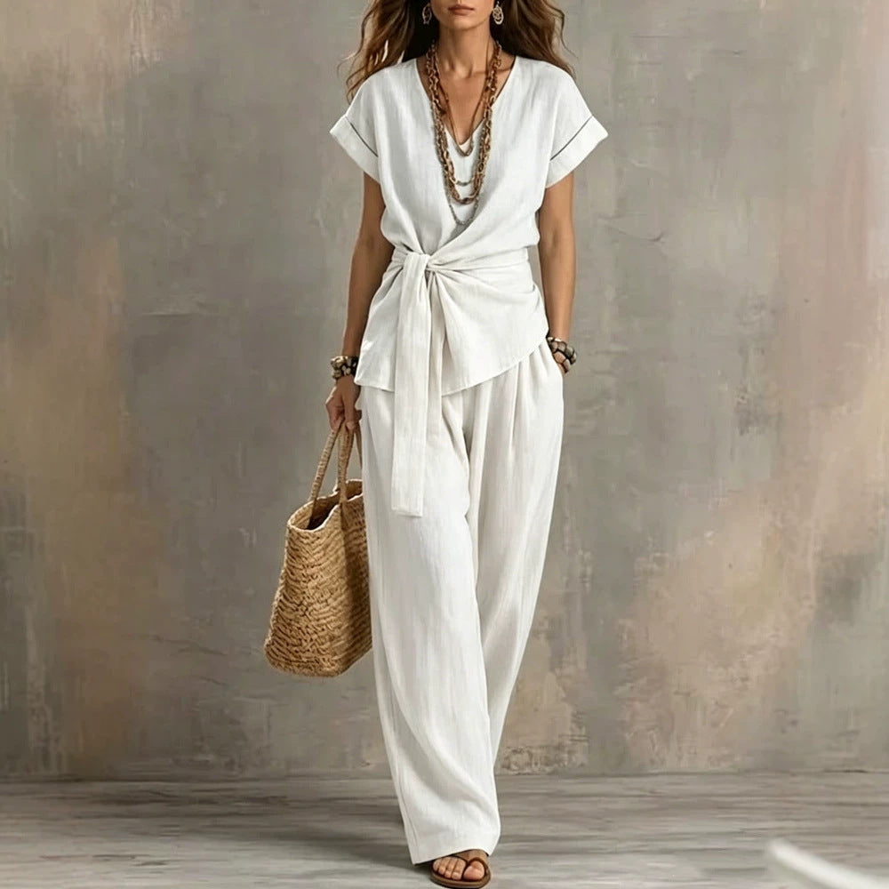 Women's V-Neck Short-Sleeve Top & Pants Two-Piece Set