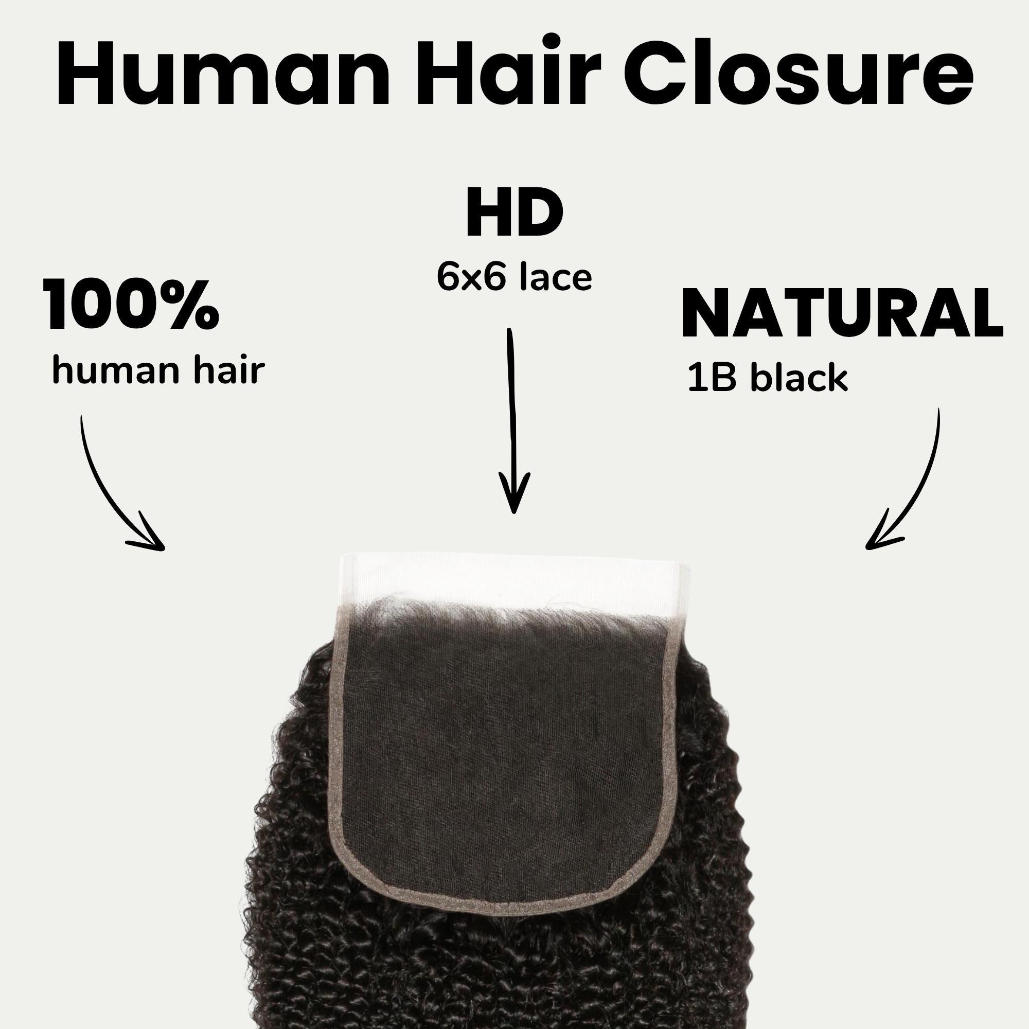 Cierre de encaje HD 6x6 de cabello humano afro rizado