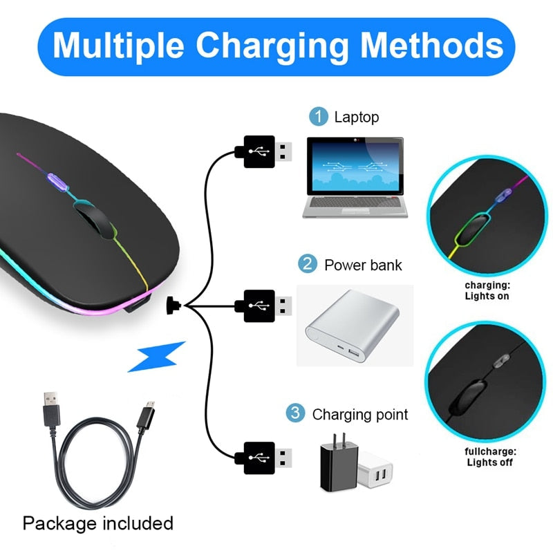 Ratón Inalámbrico Bluetooth RGB Recargable Ratón Inalámbrico para Computadora Silencioso Mause LED Retroiluminado Ergonómico Ratón Gamer para Laptop PC