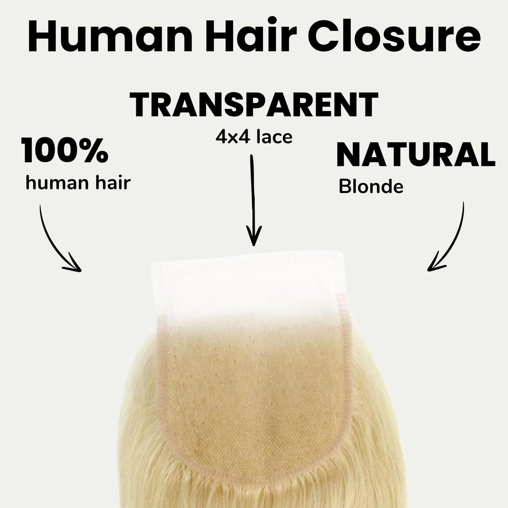 Cierre de cabello humano rubio liso 4x4 con encaje transparente