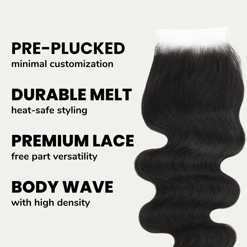 Cierre de cabello humano con encaje transparente 4x4 de onda corporal brasileña