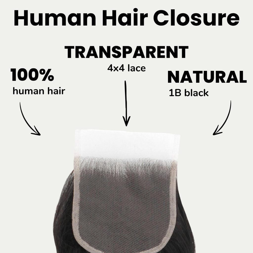 Cierre de cabello humano con encaje transparente 4x4 de onda corporal brasileña