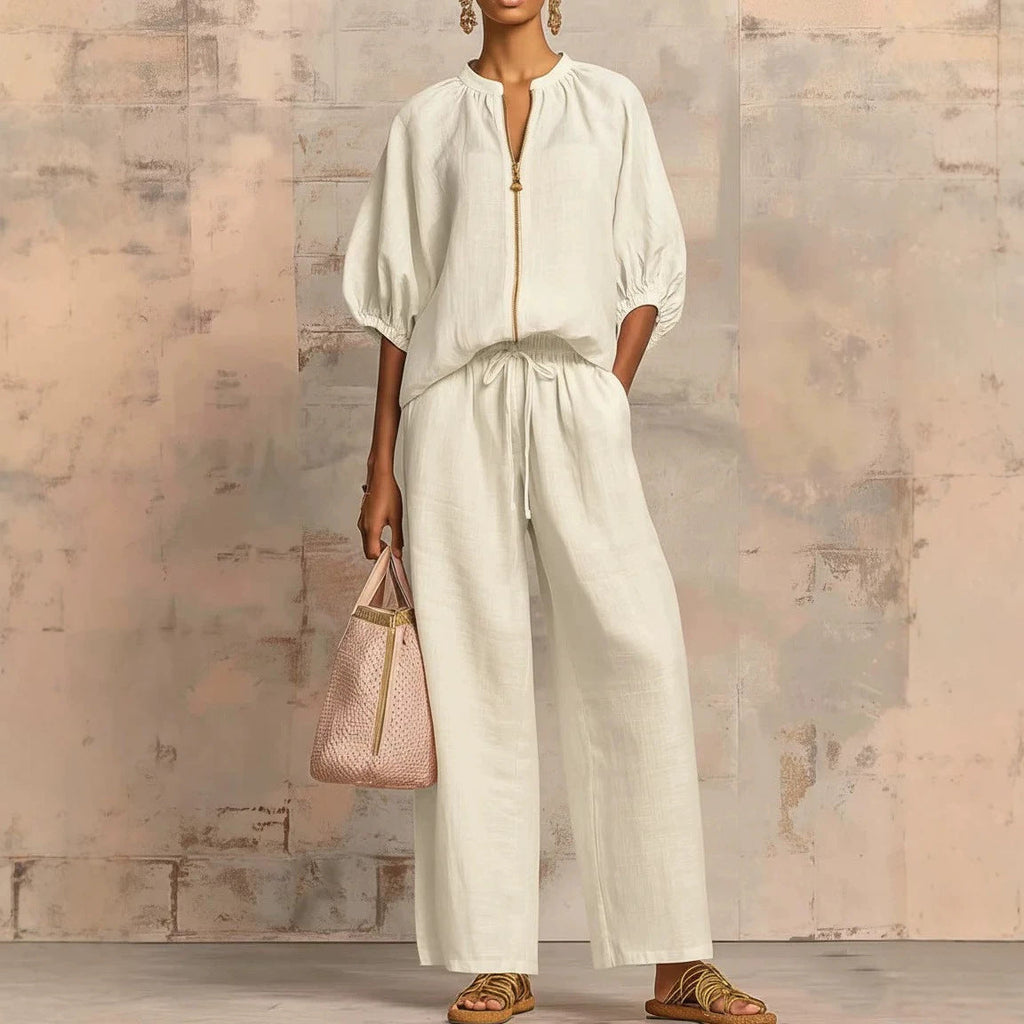Women's Casual Loose Zipper Round Neck Wide-Leg Pants Set