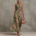 Green Graffiti Print Mesh Suspender Maxi Dress – High-Waist Irregular Slit Streetwear Dress