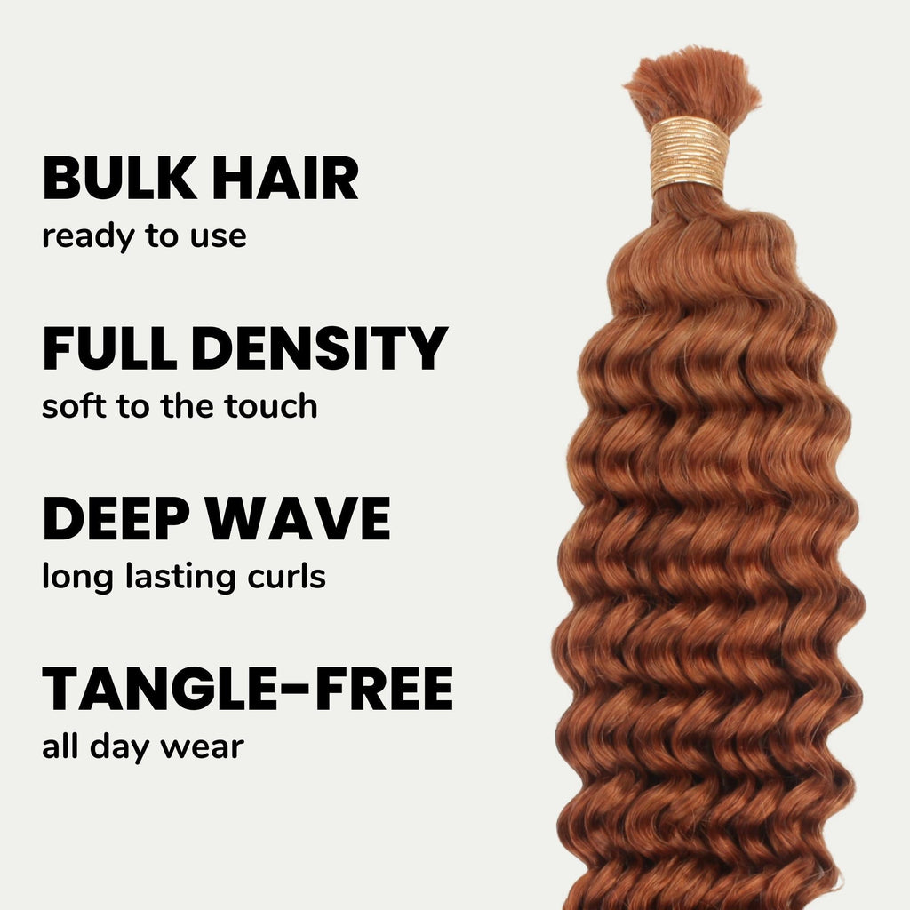 Pelo para trenzar 100 % humano a granel, ondulado profundo, color cobrizo 350