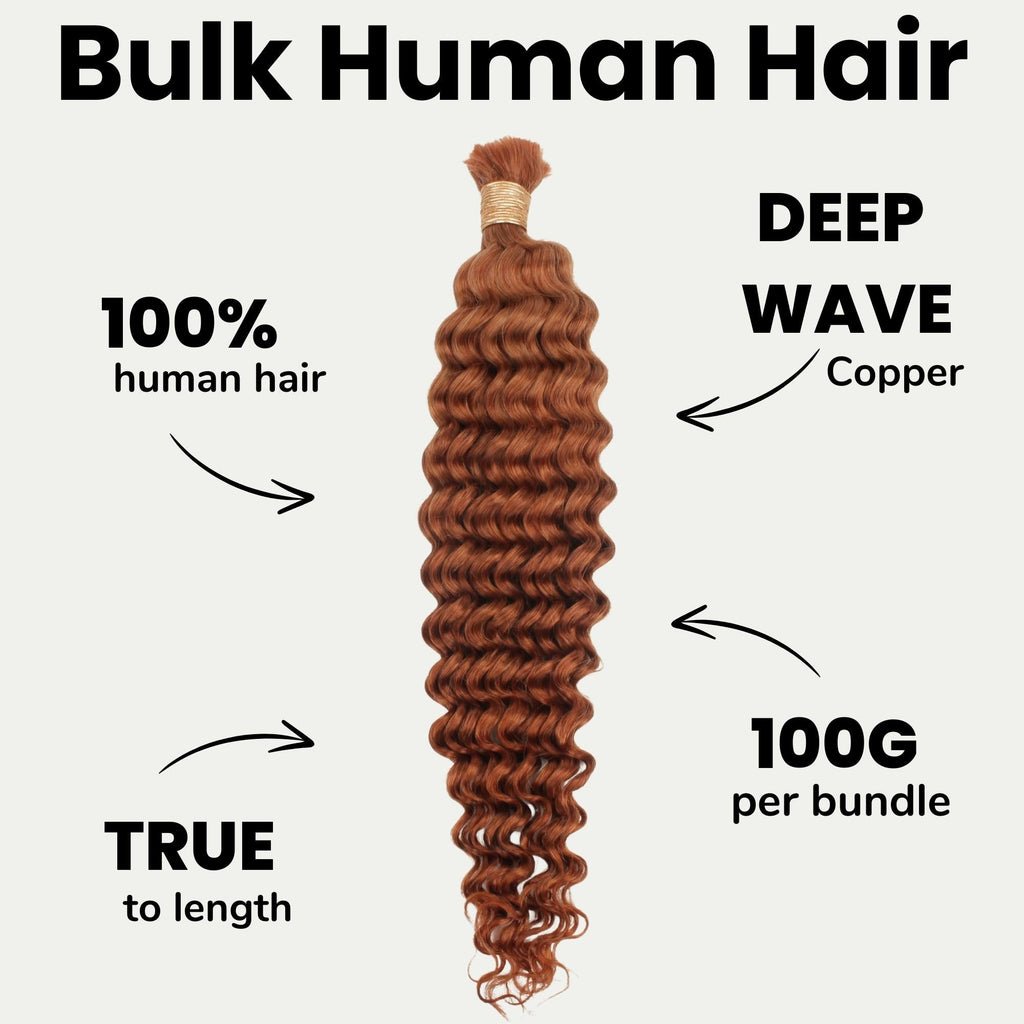 Pelo para trenzar 100 % humano a granel, ondulado profundo, color cobrizo 350