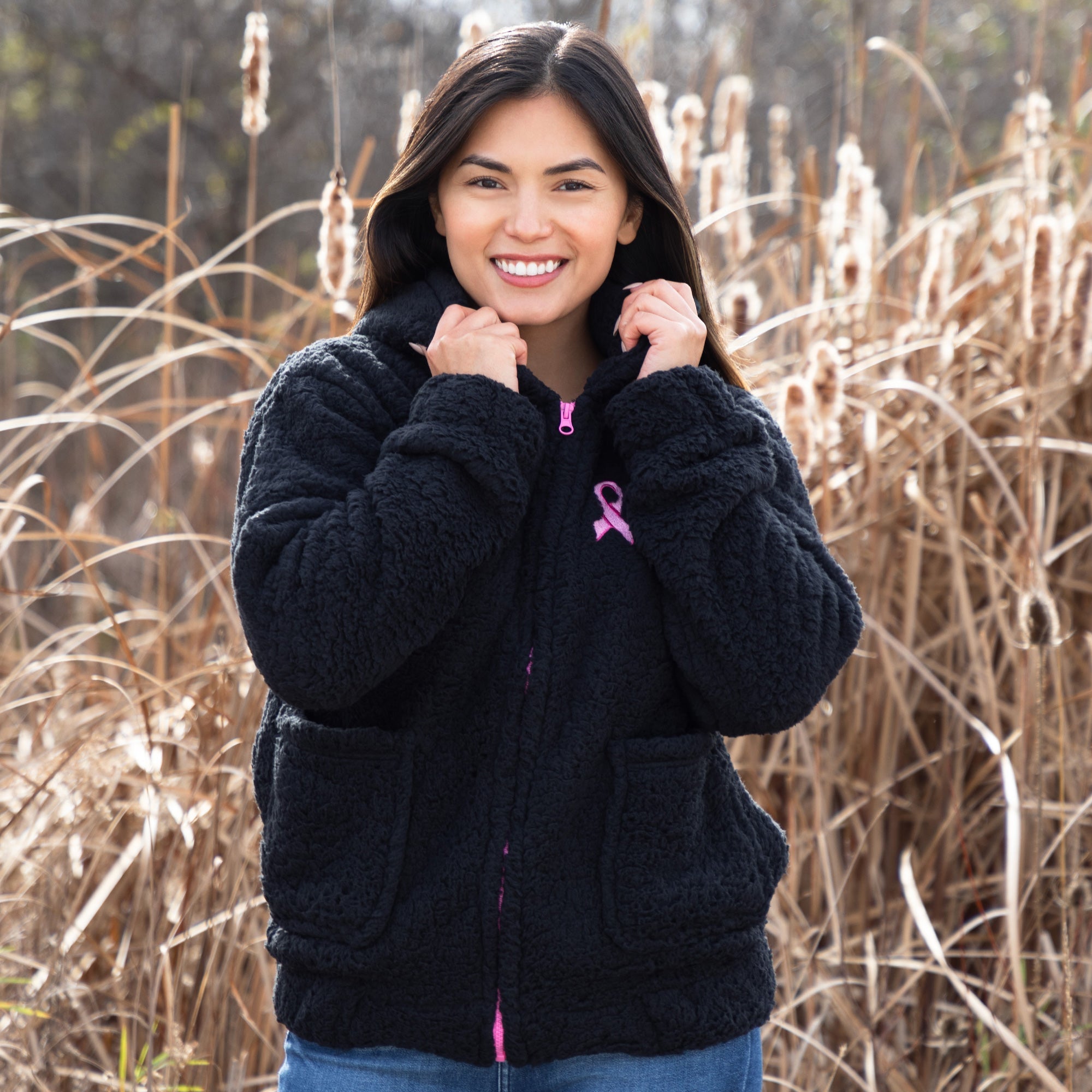 Chaqueta con capucha y cremallera de forro polar Sherpa rosa con lazo