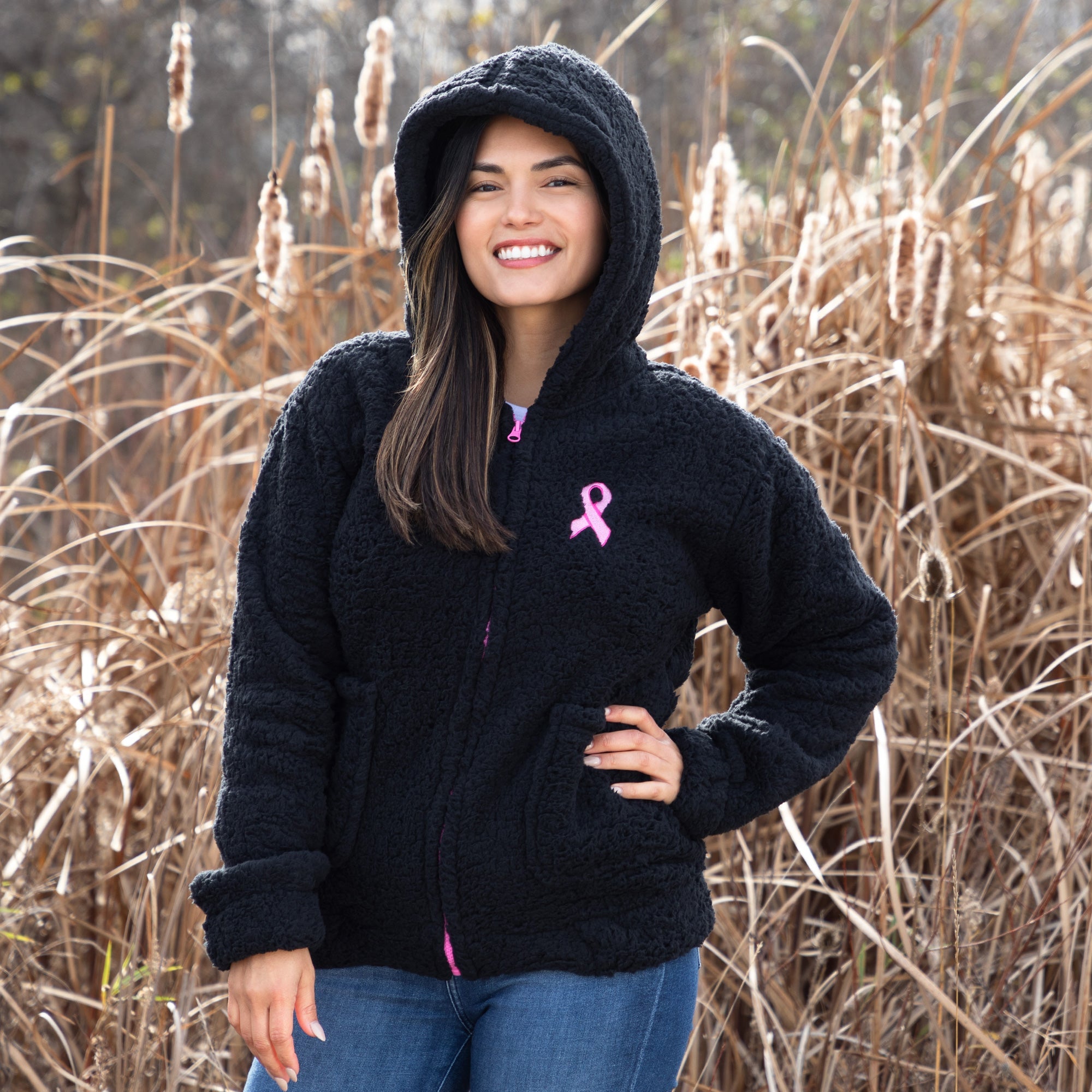 Chaqueta con capucha y cremallera de forro polar Sherpa rosa con lazo