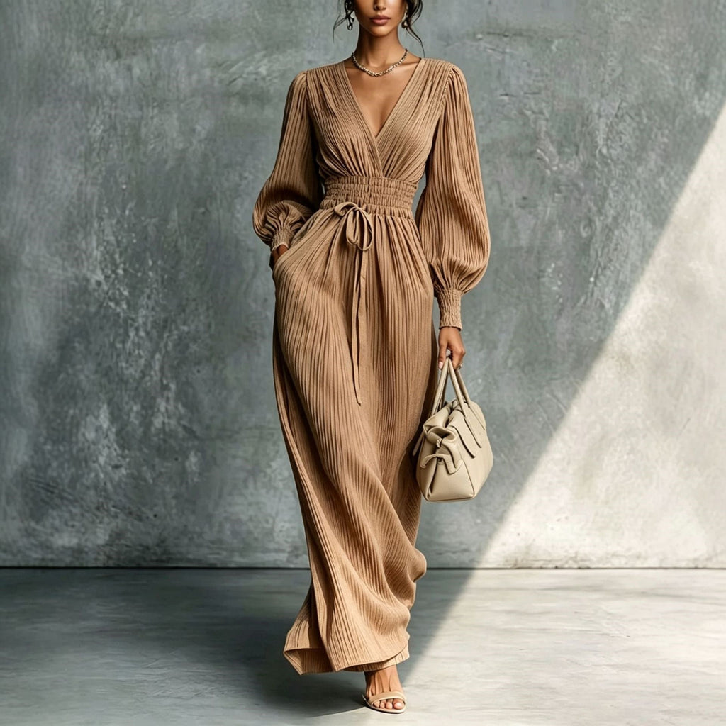 Women's Deep V-Neck Pleated Bishop Sleeve Smocked Waist Maxi Dress