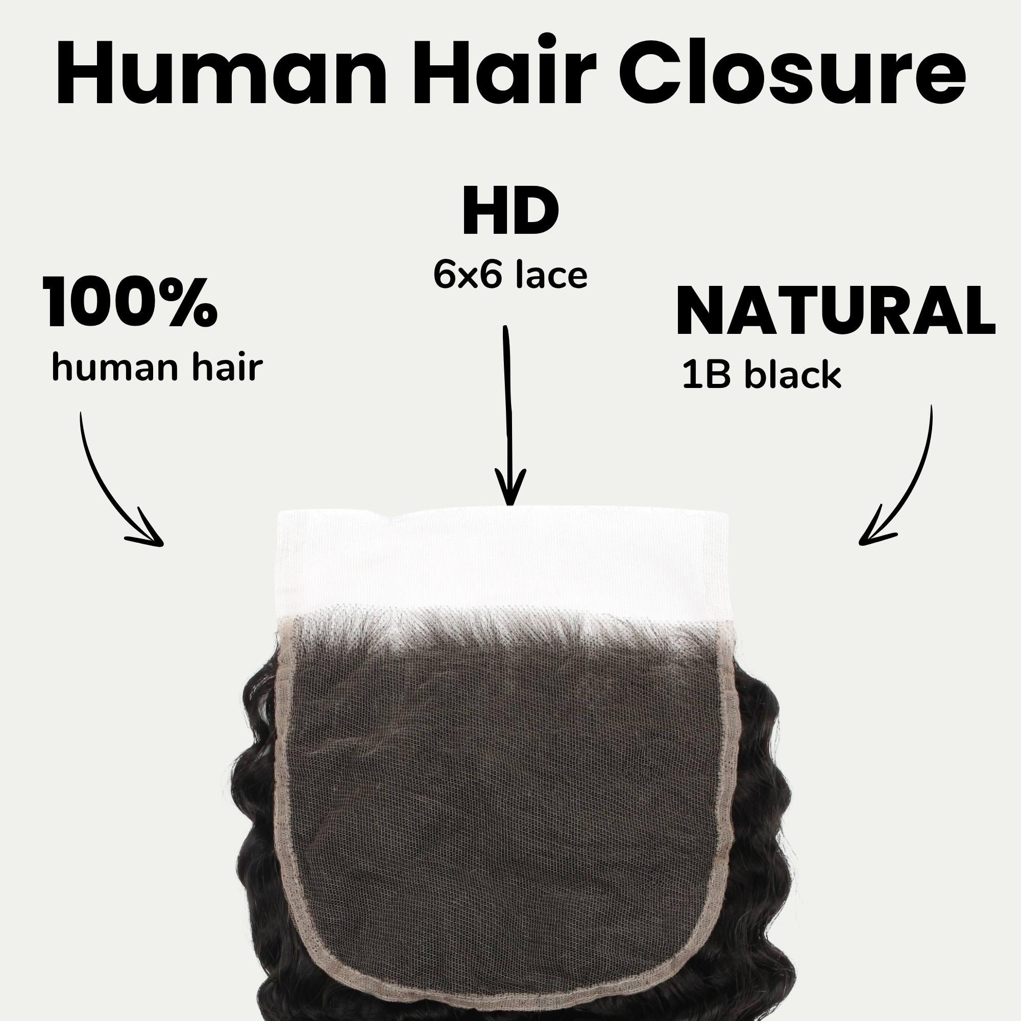 Cierre de Cabello Humano con Encaje HD 6x6 Onda Profunda