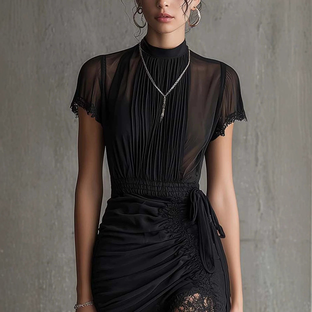 Black Lace Patchwork Slit Midi Dress – Slim-Fit High-Waist See-Through Dress for Women