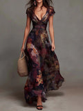 Women's Deep V-Neck Painted Print Chiffon Maxi Dress | Fitted Waist Flowy A-Line Dress