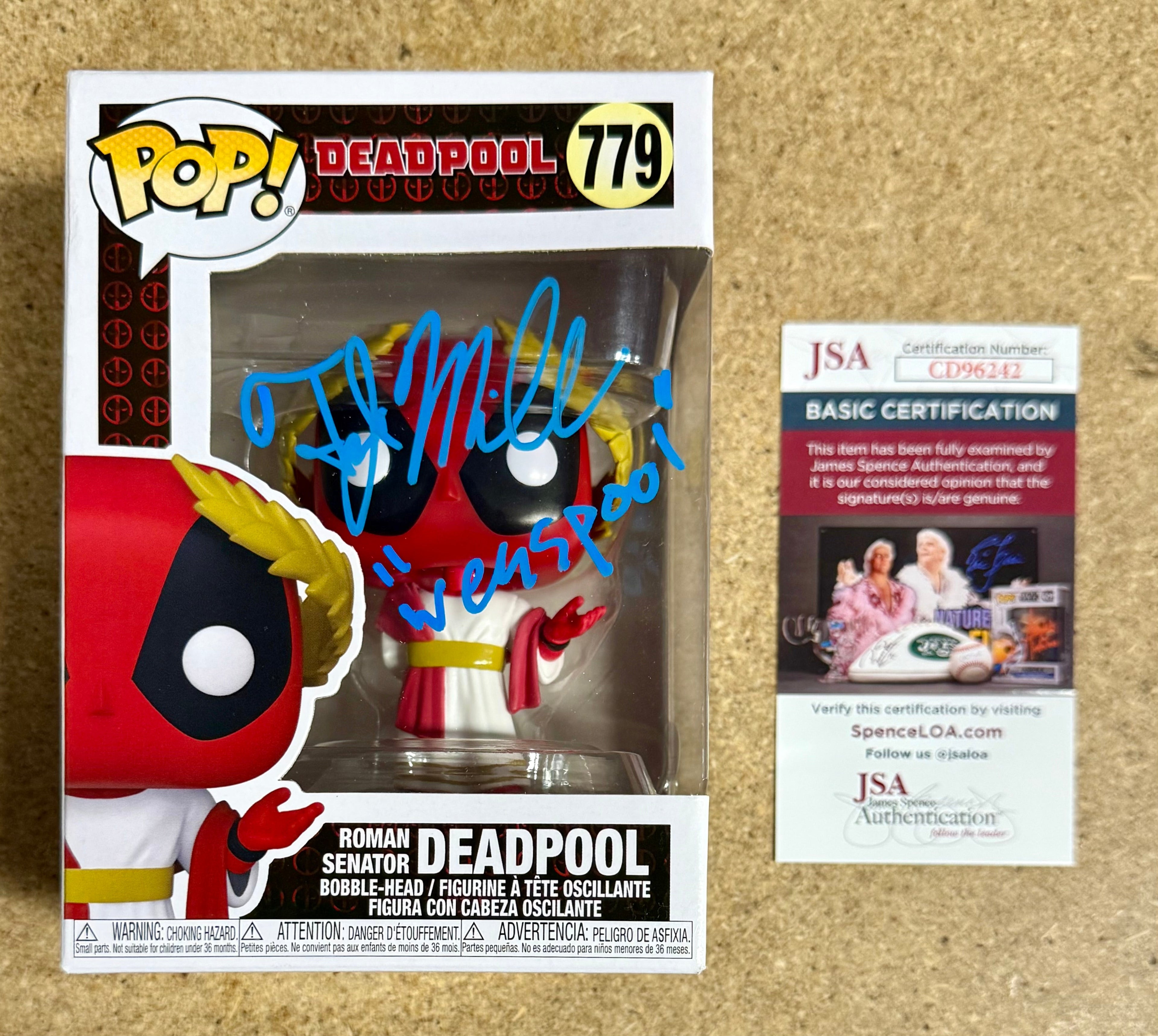 TJ Miller "Weasel" Firmado Senador Romano Deadpool Funko Pop #779 con COA de JSA