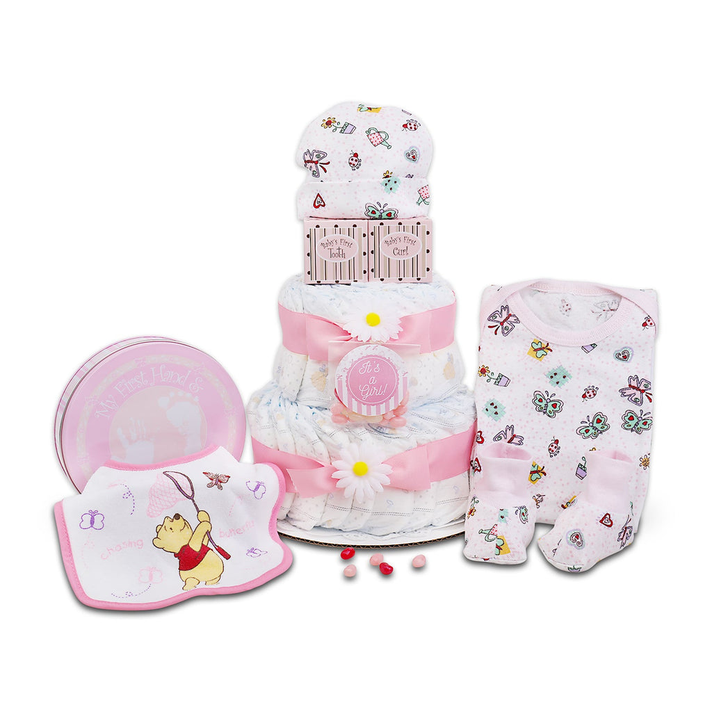 Cesta de regalo de pañales con forma de pastel "Sweet Baby Girl"