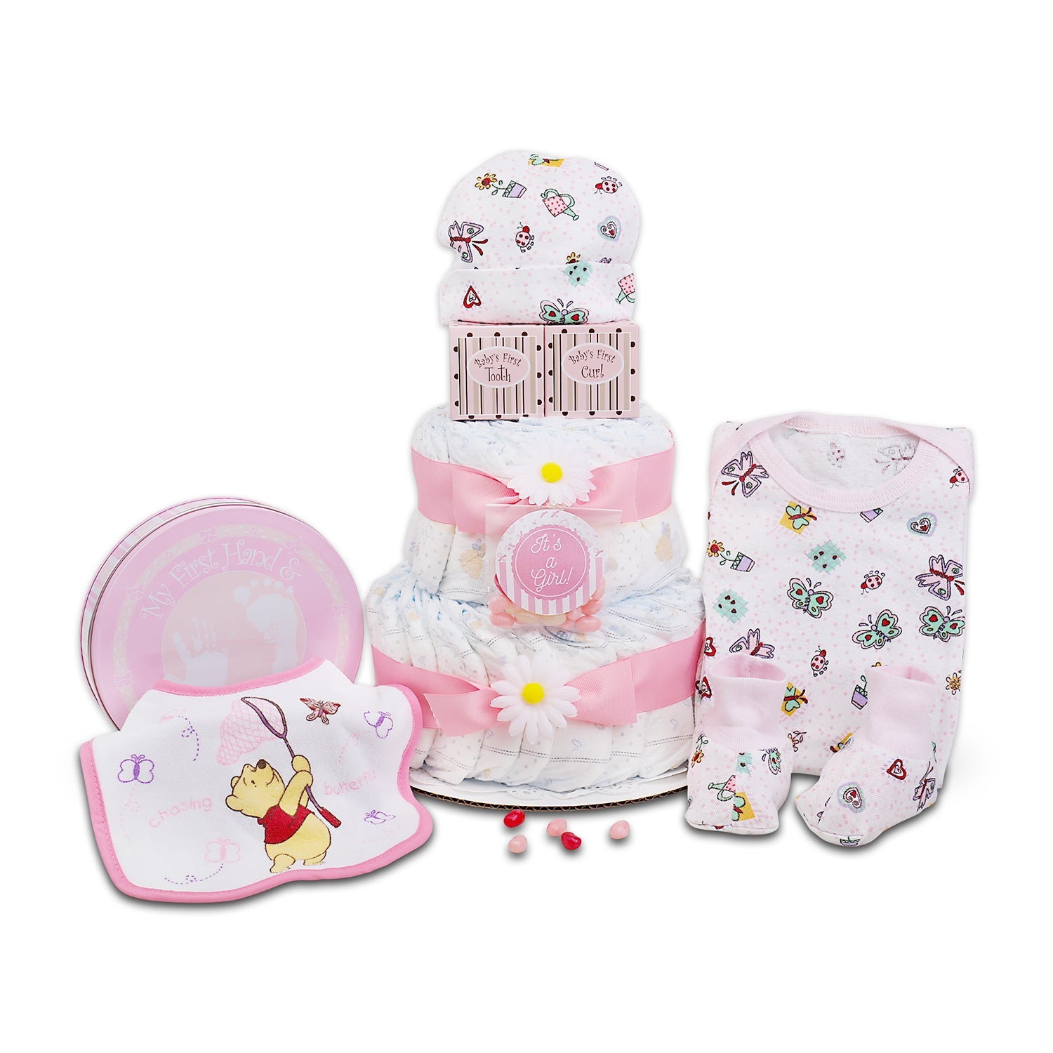 Cesta de regalo de pañales con forma de pastel "Sweet Baby Girl"