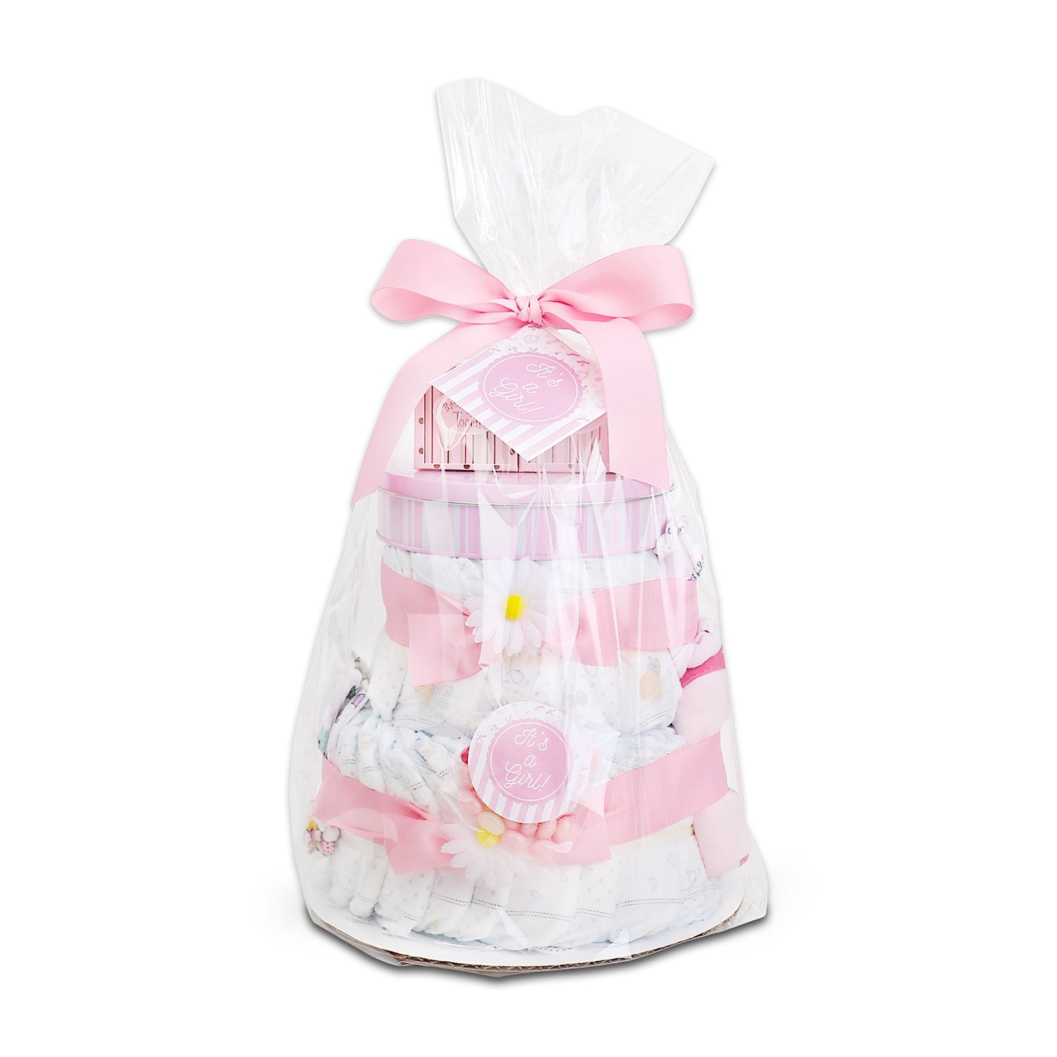 Cesta de regalo de pañales con forma de pastel "Sweet Baby Girl"